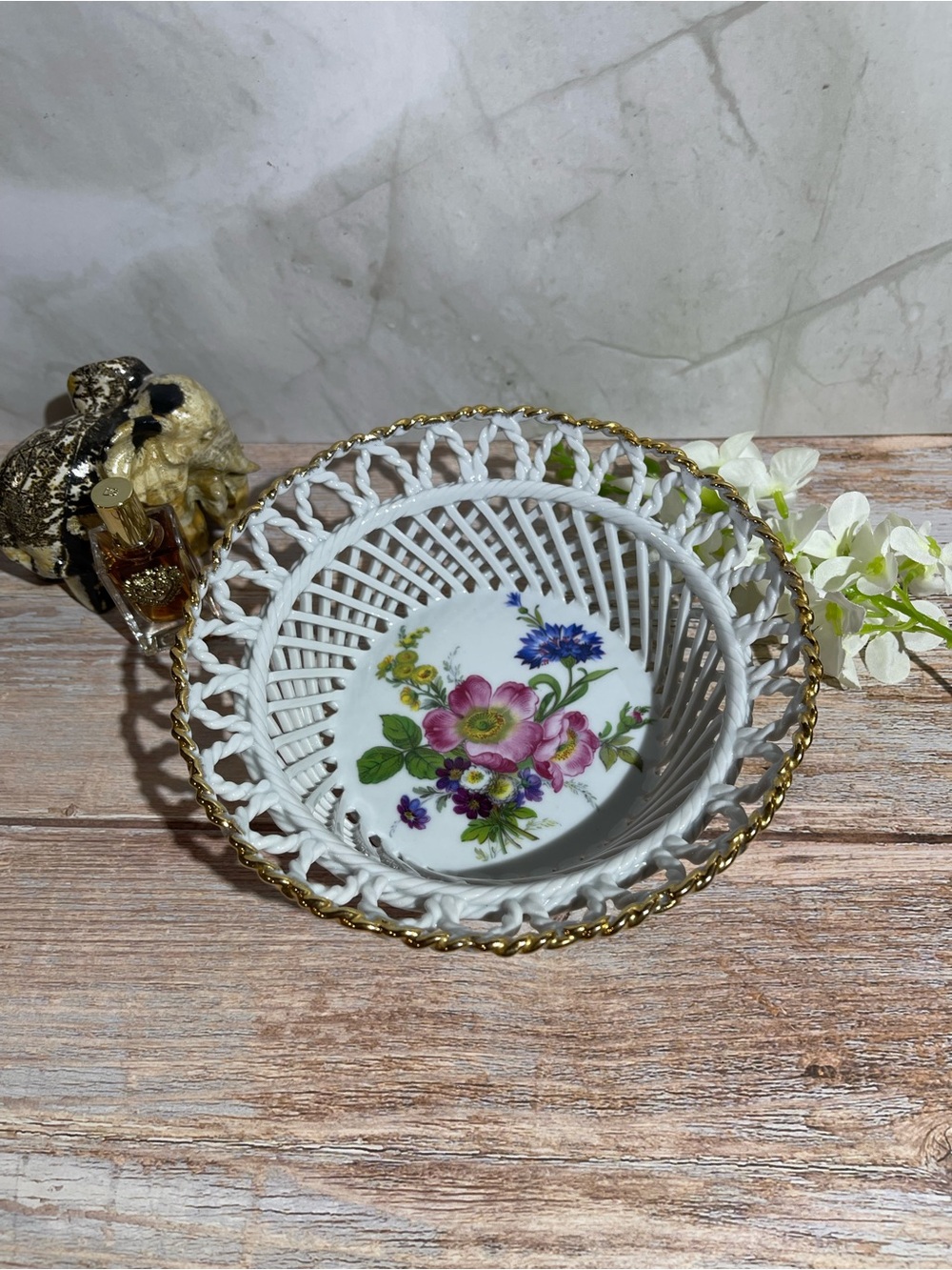 Vintage Romanian Fine Porcelain Reticulated Basket Bowl Floral Candy Dish